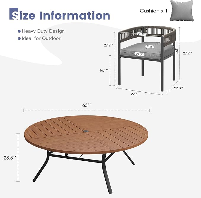 VICLLAX Patio Dining Set, 63.1" Walnut Table & 6 Chairs with Grey Cushion | Outdoor Table and Chairs Set of Round Metal Patio Table, Outdoor Dining Chairs with Metal Frame, Garden Deck Porch