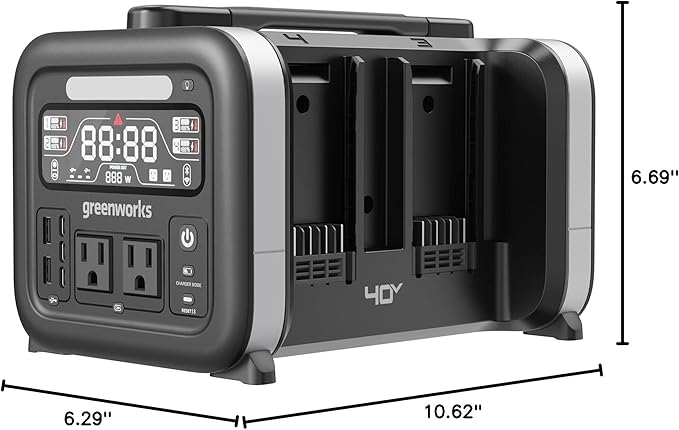 Greenworks 40V 500W Portable Power Station, 4-Slot Inverter, 2 AC Outlets, 5 USB Ports, Smart APP Control Power Generator, Outdoor Backup Power Supply (POWER 75+TOOLS, BATTERY SOLD SEPARATELY),Black