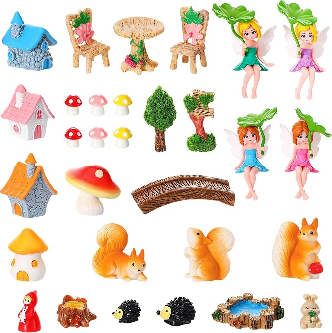 30 PCS Mini Fairy Garden Accessories, Miniature Garden Ornaments Tiny Fairies Figurines Animal Plant Set for Landscape DIY Terrarium Potted Plants Dollhouse Desk Decor