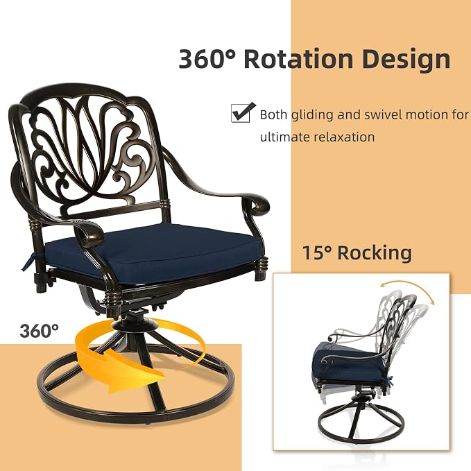 3-Piece Outdoor Patio Dining Set, All-Weather Cast Aluminum Patio Furniture Set for Backyard Garden Deck with 2 Swivel Cushioned Chairs and 35.4” Round Table, 2" Umbrella Hole, Navy Blue