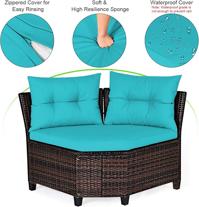Tangkula 4-Piece C Shape Patio Furniture Set, Outdoor Corner Wicker Rattan Sectional Cushioned Sofa Set, with Glass Coffee Table, for Garden Poolside Balcony (Turquoise)
