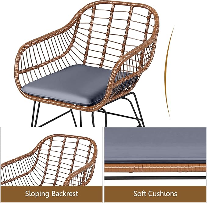 DORTALA 3 Piece Patio Bistro Set, Outdoor Wicker Furniture with Round Tempered Glass Top Table & 2 Rattan Armchairs, Cushions, Conversation Set for Porch, Backyard, Garden, Grey