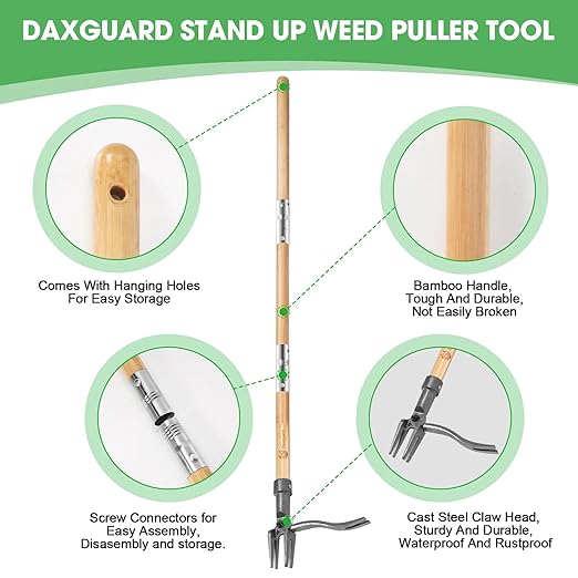 Weed Puller-Stand Up Weed Puller Tool,Adjustable 44-31.5" Bamboo Handle with Heavy Duty 4-Claw Cast Steel Head - Foot Step Design, No Bending Required - Garden & Yard Weeder