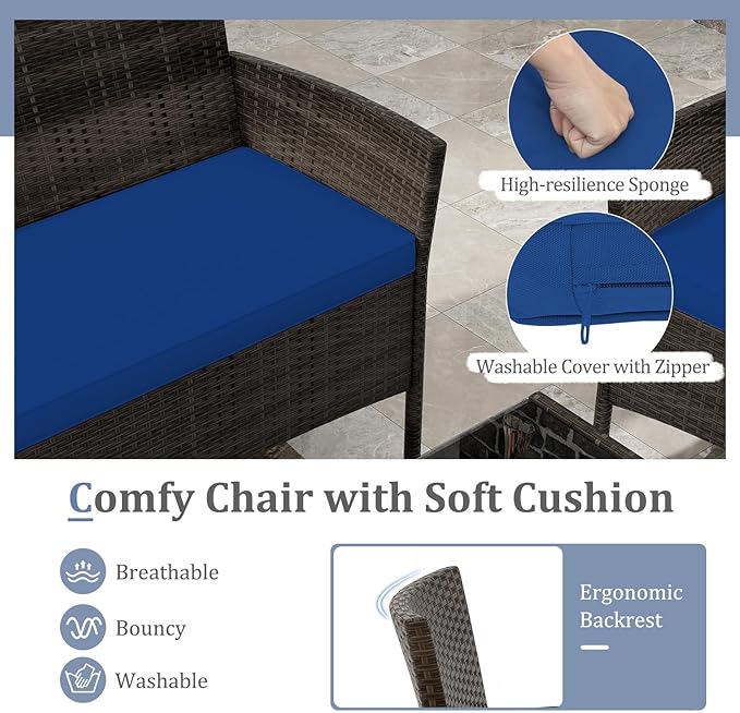 KOTEK 8 Piece Patio Furniture Set, Outdoor Rattan Conversation Set with Loveseat, Wicker Chairs, Tempered Glass Coffee Table, Wicker Patio Set for Backyard, Porch (Navy)