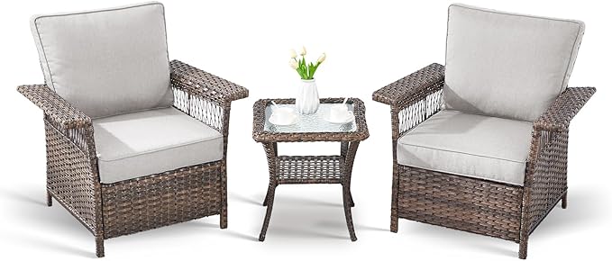 Outdoor Patio Chairs Wicker Chair - 3 Piece Rattan Patio Bistro Chairs Set with Sturdy Frame,All-Weather PE Wicker and Comfortable Cushions,1 Side Table for Outside Porch Deck Balcony(Brown/Beige)