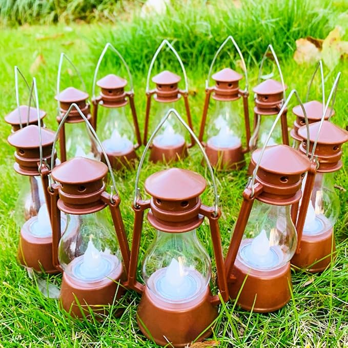 12 Pack Mini Lantern for Little Cowboy Centerpieces Tables Ideas Western Party Favor Decorations Wedding Decor Camping with 4inch Flickering LED Candle, Vintage Table Toppers Decorative (Brown)