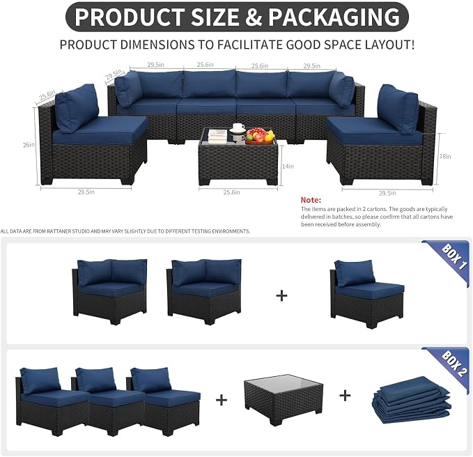 Rattaner Outdoor Sectional Sofa Set 7 Pieces Black Wicker Patio Furniture Couch Glass Table with Non-Slip Cushions Furniture Cover, Navy Blue