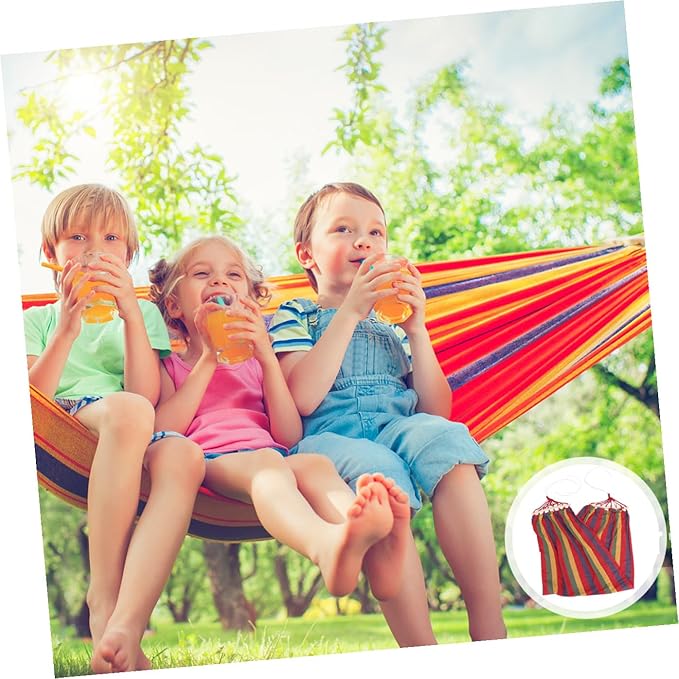 POPETPOP Single Person Rainbow Striped Outdoor Hammock Swing, Portable Leisure Canvas Cotton Fabric with Anti-tip Design, Suitable for Patio Garden and Camping