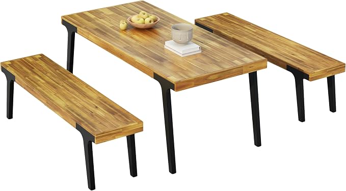 69'' Outdoor Patio Dining Table & 2 Bench for 4, Acacia Wood Farmhouse Dining Table Set Outdoor & Indoor Furniture for Patio Porch Garden, 3-Pcs, Light Teak