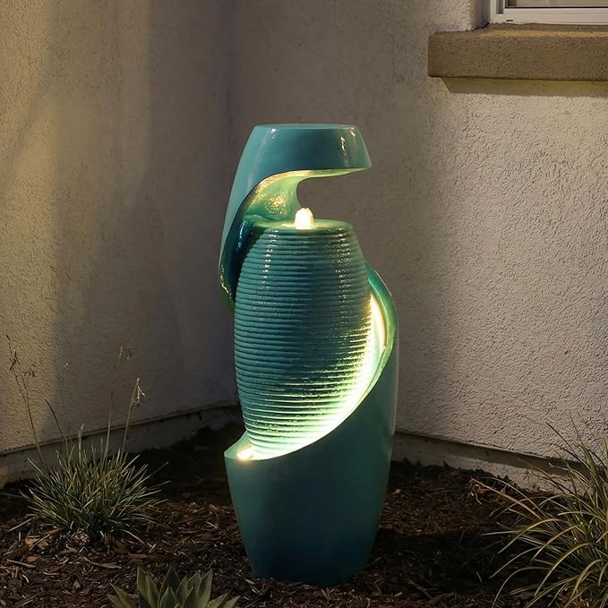 Bumilgar 29" Outdoor Water Fountain with LED Light, Modern Spiral Ceramic-Look Resin Indoor Water Feature, Outdoors Garden Fountain for Patio, Backyard Décor, Faux Ceramic Vase Waterfall Feature Green