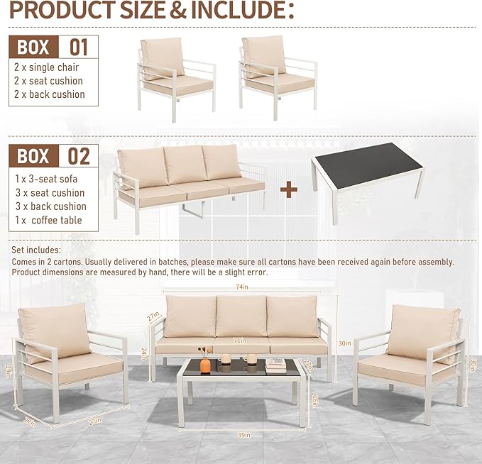 4-Piece Patio Furniture Set White Outdoor Metal Frame Sofa with High Backrest Seating Glass Coffee Table All-weather Metal Patio Conversation Set with Non-slip Cushions and Waterproof Covers, Khaki