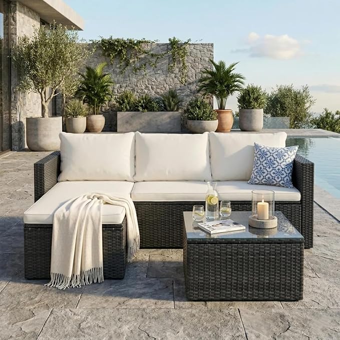 JAMFLY 4-Piece Patio Furniture Set with 43" Propane Fire Pit Table, Beige | All-Weather PE Wicker Sectional Sofa, Outdoor Conversation Set for Garden, Backyard & Deck