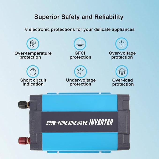 24V Pure Sine Wave Power Inverter 600W DC 24V to AC 120V with AC Outlets, 5V/1A USB Port for RV Car Emergency etc.