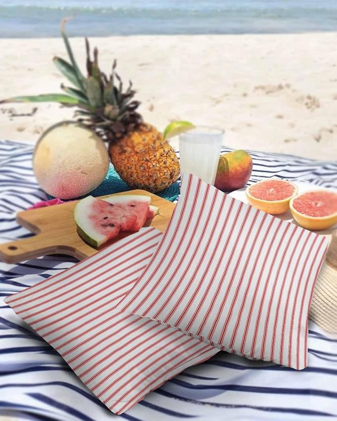 Outdoor Waterproof Throw Pillow Covers 24x24in, Red Lines Cushions for Garden Patio Furniture Chairs Set of 2, Modern Stripes Home Decor Couch Sofa Polyester Pillow Cases