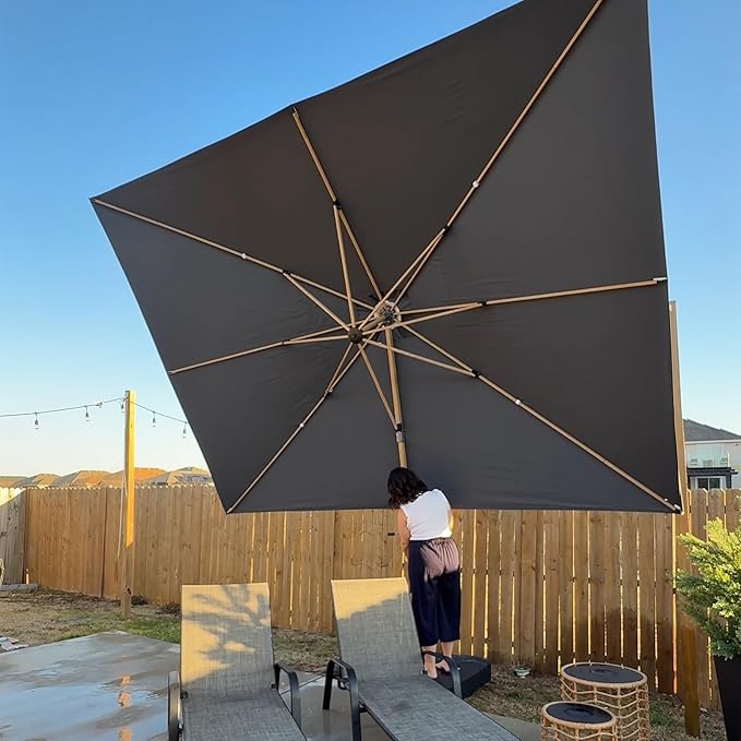PURPLE LEAF 10‘ x 13’ Rectangle Patio Cantilever Umbrella Large Hanging Umbrella Teak Finished Aluminum Frame Windproof Offset Outdoor Sun Umbrellas for Beach Pool Deck, Grey