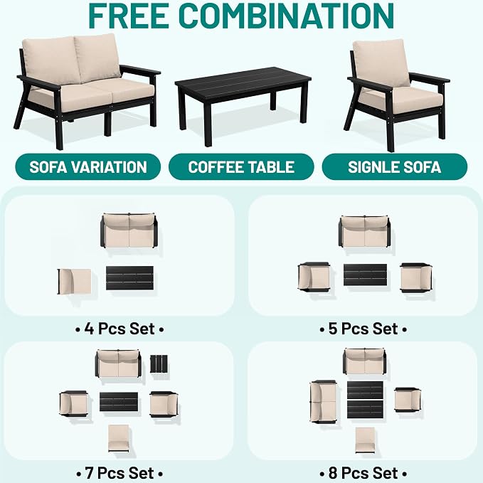 PLUUV 4-Piece HDPE Patio Sofa Set, All-Weather Outdoor Sectional Furniture with Thick Cushions, Modular Couch Set for Deck, Lawn, Black Frame with Khaki Cushion