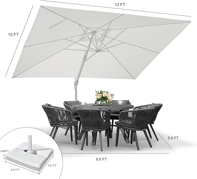 PURPLE LEAF 10' × 13' Patio Umbrella With Base White Cantilever Umbrella Square Outdoor Offset Umbrella Windproof with 360° Rotation for Garden Deck Pool, White