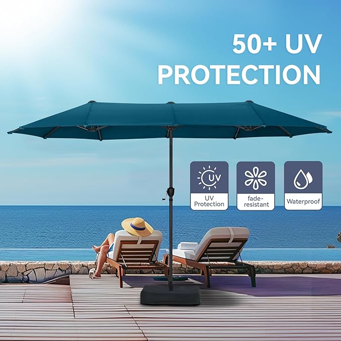 GREEN PARTY 13ft Rectangle Patio Umbrella, Double Sided Outdoor Table Umbrella with Crank & 1.5" Pole, Large Market Umbrella for Poolside Garden Deck Backyard, Cerulean