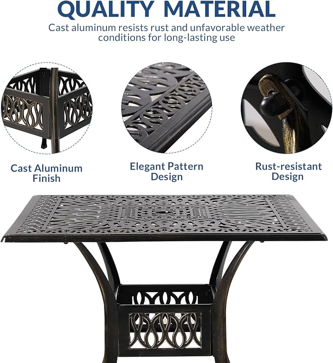 5-Piece Outdoor Patio Dining Set, All-Weather Cast Aluminum Patio Table Set, Include 4 Cushioned Chairs and a 35.4 inch Square Table w/Umbrella Hole for Balcony Garden Backyard, Red