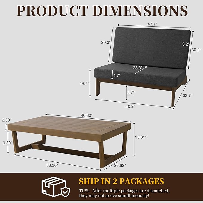 UIXE Wood Patio Furniture Sets, 2 Pieces All Weather Patio Loveseat Outdoor Sofa with Solid Wooden Coffee Table - Dark Gray