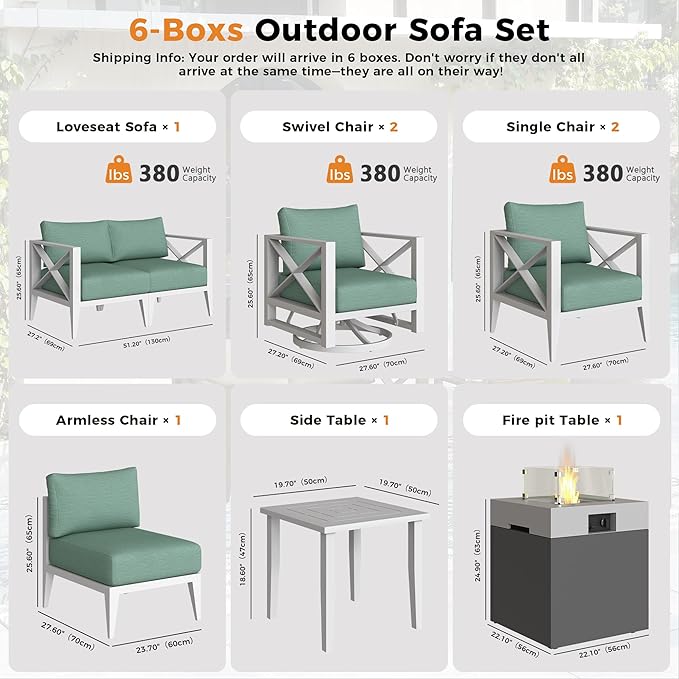 Aluminum Patio Furniture Set with Fire Pit Table,7-Seats Patio Sectional Conversation Sofa with 5.2" All-Weather Cushions and 2 Swivel Rocking Chairs,Outdoor Furniture Set(White)