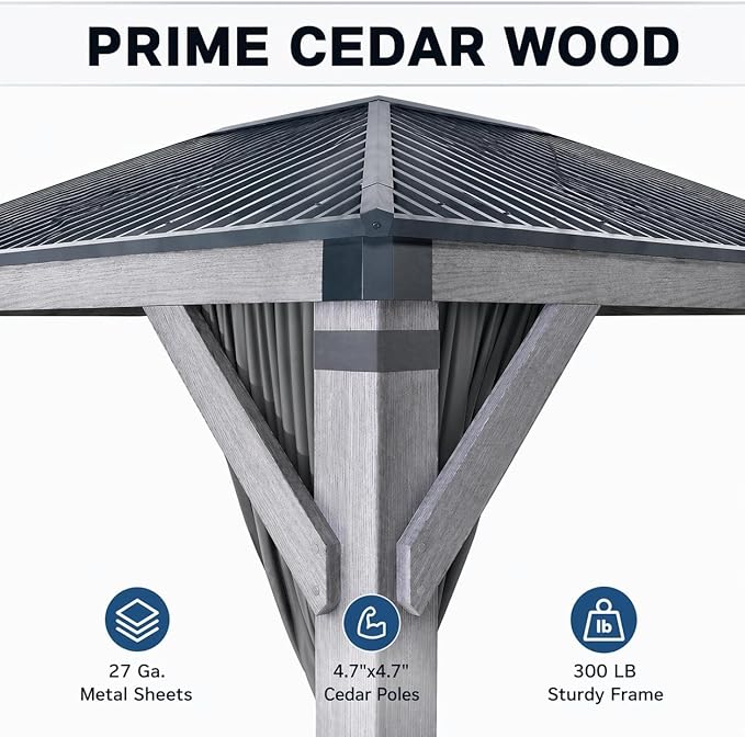 Hardtop Wood Gazebo, Cedar Frame Outdoor Pavilion with Double Galvanized Steel Roof, Curtains and Netting Included, Ceiling Hook for Patio Backyard Deck Lawn Garden (Gray, 10x10FT)