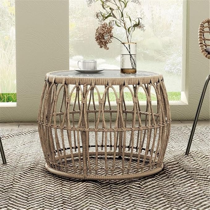 Afuera Living Round Outdoor Coffee Table, Natural PE Wicker/Rattan with Tempered Glass Top, 21.65" Diameter x 15.75" Height, Powder-Coated Steel Frame, Boho Style for Patio, Garden, or Indoor Spaces