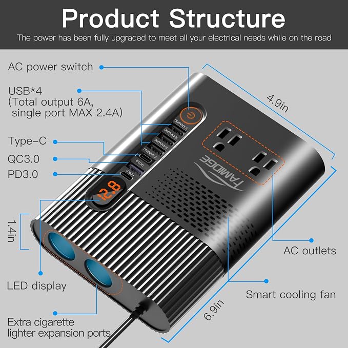 300W Car Power Inverter 12V to 110V, PD3.0 QC3.0 Fast Charging, 10-in-1 Ports Car Inverter, 3USB 1Type-C 2AC 2Cigarette Lighter, LED Display, Silent Fan, Multi-Protection for Car RV Camping Travel