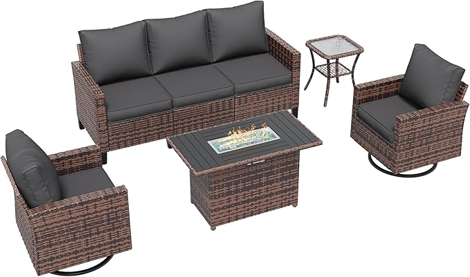 Amopatio Patio Furniture Set, 5-Piece Wicker Outdoor Sectional Sofa with Swivel Rocker Chairs, All-Weather Rattan Conversation Set with Fire Pit Table and Waterproof Cover for Backyard Brown/Grey