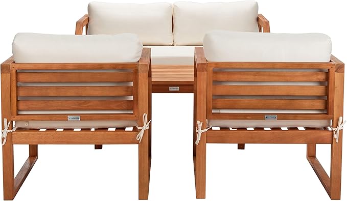 SAFAVIEH Outdoor DREN Natural Brown 4-Piece Set - Beige Seat Cushions Included