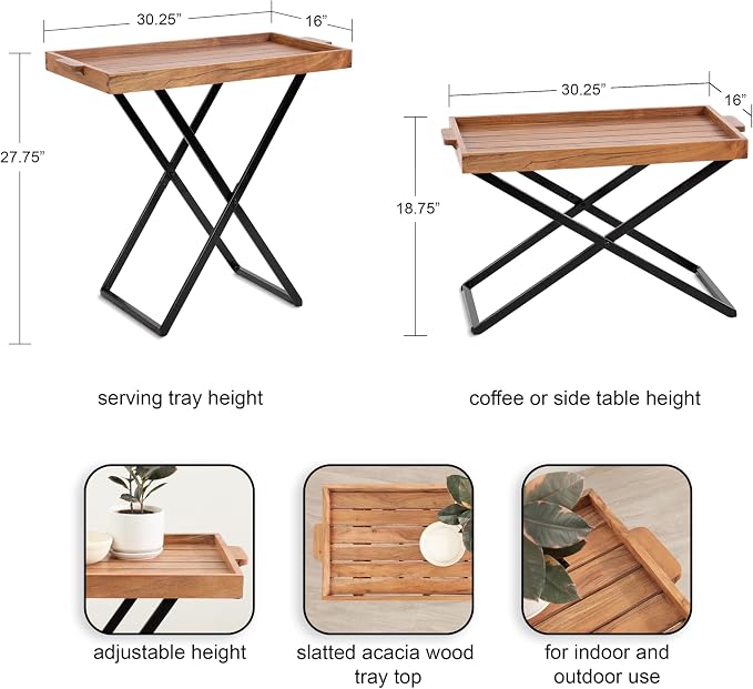 Kate and Laurel Monaco Transitional Wood Tray Table for Patio, 31 x 16 x 28, Natural Brown and Black, Decorative Modern Indoor or Outdoor Coffee Table or Side Table with Removable Serving Tray Top