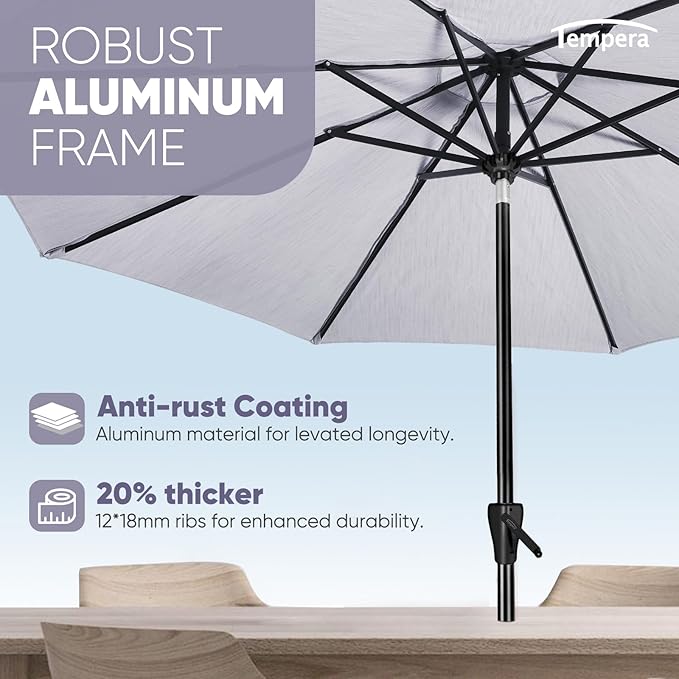 Tempera Patio Market Outdoor Table Umbrella with Auto Tilt and Crank, Large Sun Umbrella with Sturdy Pole & Fade Resistant Canopy, Easy to Set