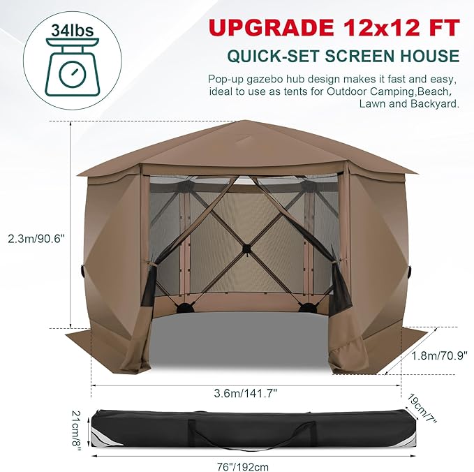 COBIZI 12x12 FT Pop Up Canopy Extendable Tent, Gazebos On Clearance with Removable Roof, Screened in Gazebo with sidewalls, Screen Tents Portable carpas para Patio for Outdoor Camping,Backyard,Brown