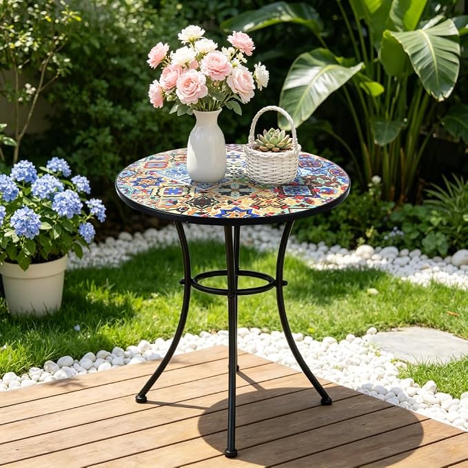 24 Inch Mosaic Patio Round Side Table with Ring Curved Legs Indoor and Outdoor Accent End Table for Yard, Garden, Living Room, Bistro, A - Multicolor Talavera