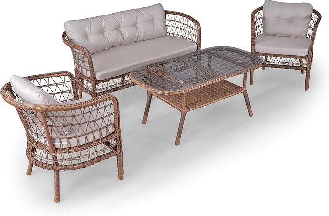 Angora Tea Set Rattan Outdoor Furniture Set – Stylish Garden and Patio Set with Table, Double Chair, and 2 Single Armchairs, Conversation Sets Best for Yard, Pool or Backyard, Brown