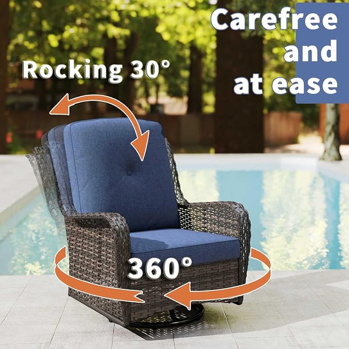 Kinsuite 7 PCS Patio Furniture Set, Outdoor Conversation Sets with Swivel Chairs & Ottomans, All-Weather Wicker Sectional Sofa with Thicken Cushions for Garden, Lawn, Deck, Backyard, Blue