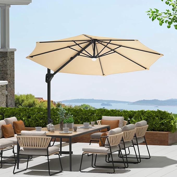 10 Ft Offset Patio Umbrella with Base Included, Round Cantilever Umbrella with UV Protective And Water Resistant Canopy, 360° Rotation, Integrated Tilting System, Beige