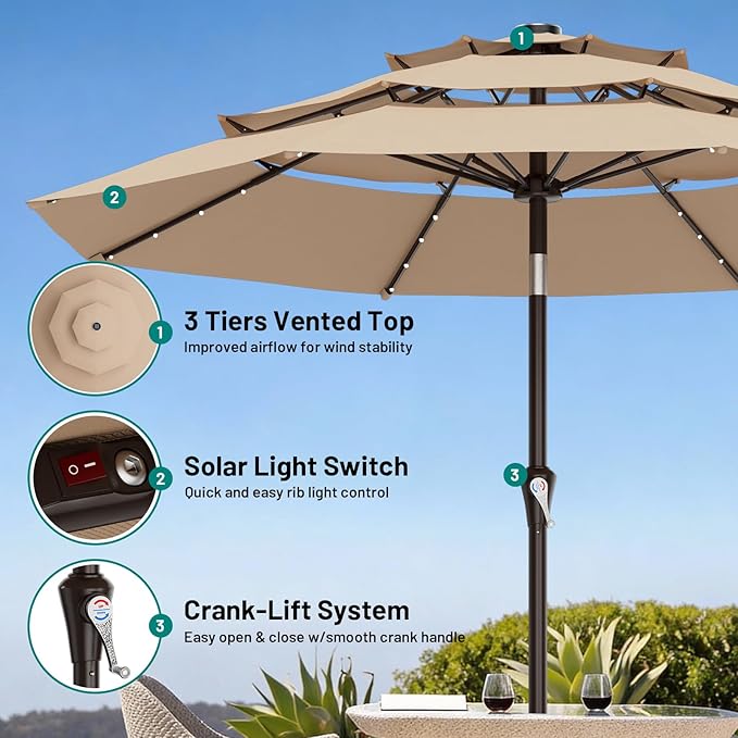 AreShark 9ft 3 Tiers Patio Umbrella with Solar Lights, Outdoor Umbrella w/ 32 LED Lights&8 Sturdy Ribs, Table Umbrella for Deck, Backyard, Pool (Beige)