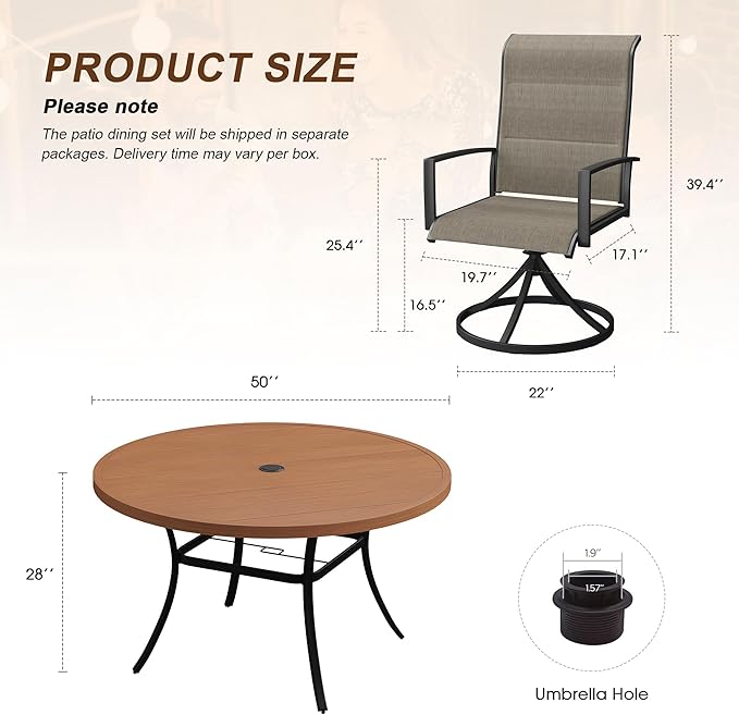 VICLLAX 7 Pieces Outdoor Dining Set, Patio Furniture Set Includes 50" Round Metal Table W/ 1.9" Umbrella Hole and 6 Padded Textilene Swivel Chairs for Porch, Lawn, Garden, Backyard