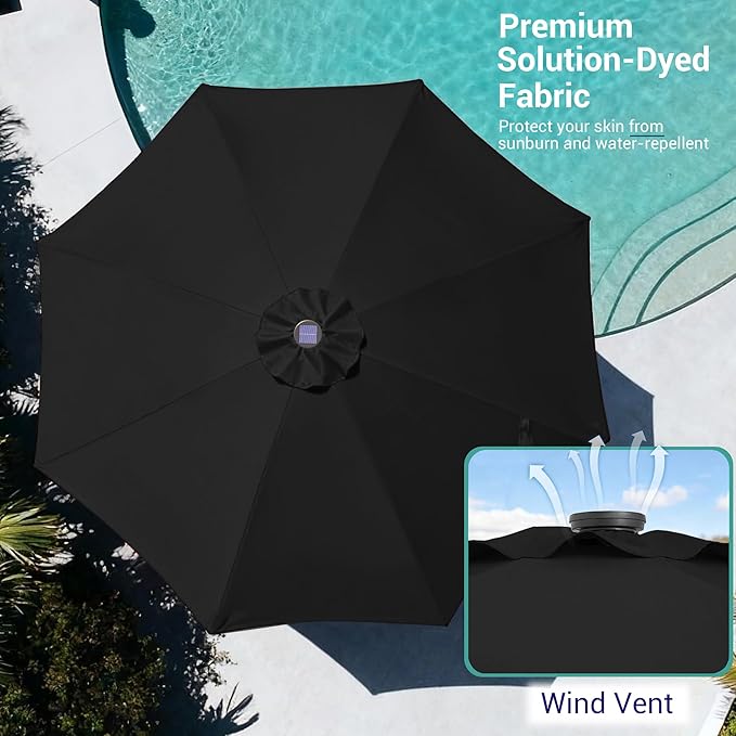 9ft Patio Umbrella Outdoor with Solar Lights,32 LED Lighted Table Market Umbrella with Tilt and Crank, 2-Year-Non-Fading, 8 Sturdy Ribs,for Pool, Deck, Garden,Backyard