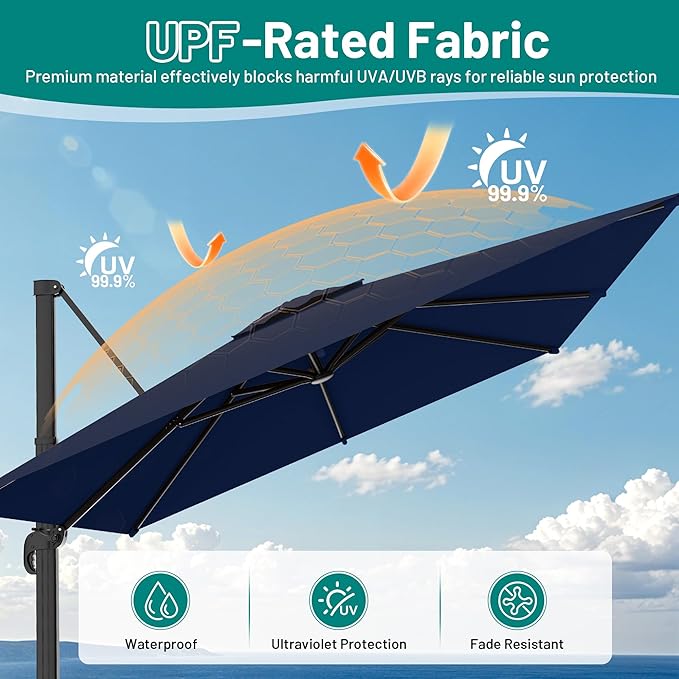 AreShark 10 × 10FT Square Cantilever Patio Umbrella with Base Included, 360° Rotation Offset Outdoor Umbrella, 5 Tilt Settings Heavy Duty Hanging Parasol for Deck Garden Pool, Navy