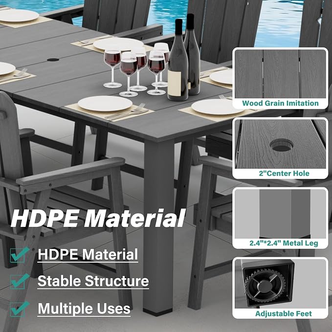 9 Piece Outdoor Table and Chairs Set for 8, Patio Dining, Gray | 89.4” table,oversize 8 seat patio dining set, durable HDPE wood-look, stable and spacious design for family gatherings