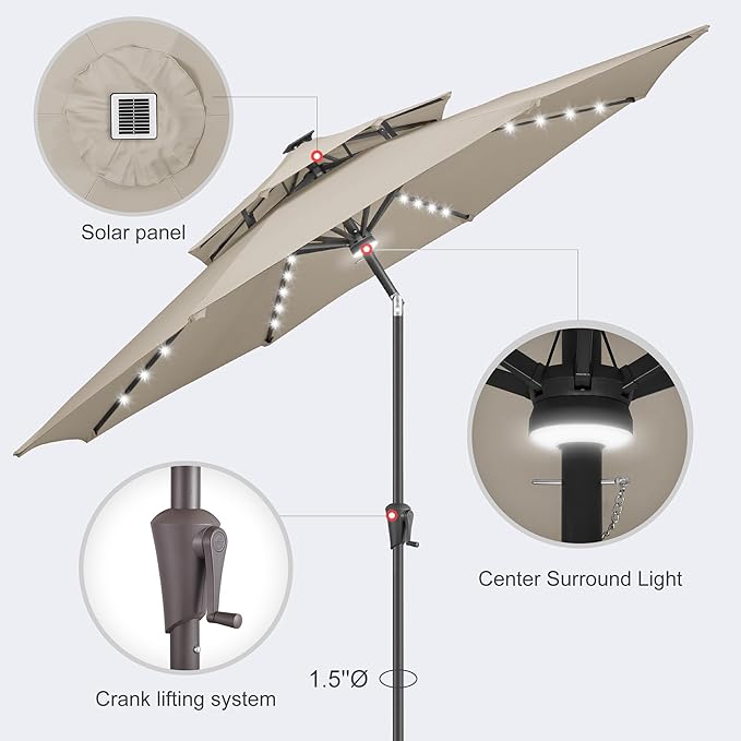 9ft Solar Umbrella Outdoor - 2-Tier Lighted Solar Patio Umbrella with 40 LED Lights Waterprool UV Protection, Table Umbrella with Tilt for Pool, Porch, Garden, Backyard (Taupe)