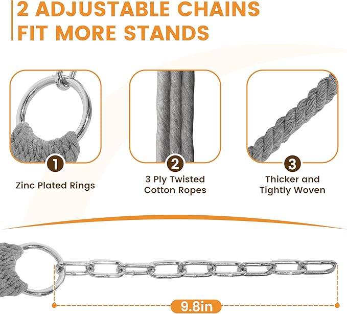 Lazy Daze Hammocks 12FT Double Rope Hammocks, 2 Person Hand Woven Cotton Hammock with Spreader Bar, Carabiner, Tree Strap, Chain for Outside, FIT 13-15 FT Stand, Max 450 Lbs, Light Grey