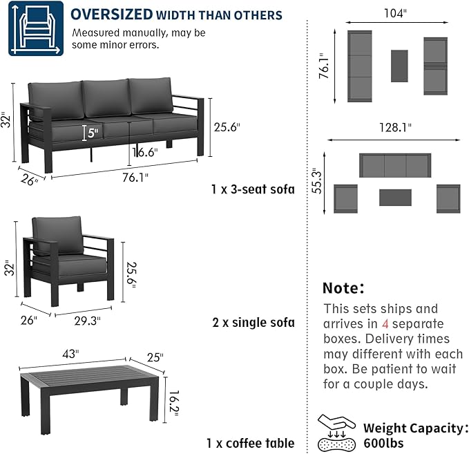 UDPATIO Aluminum Patio Furniture Set, 4 Pieces Outdoor Conversation Set with Waterproof Covers, All-Weather Modern Sectional Sofa for Patio, Deck, Backyard, Dark Grey/Dark Grey