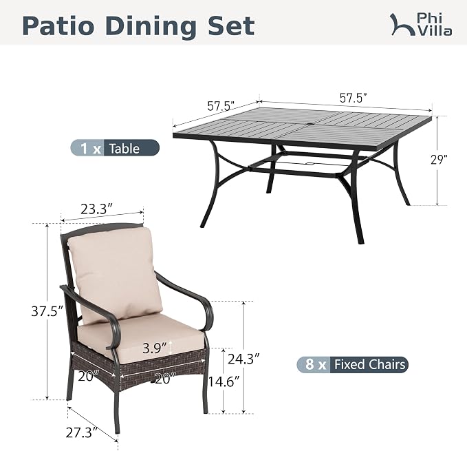 PHI VILLA 9 PCS Outdoor Dining Sets, 57.5" All-Weather Patio Table and Chairs Set for 8, Heavy Duty Patio Table Set Square for Deck, 8 Extra Large Outdoor Stationary Dining Chairs with Thick Cushions