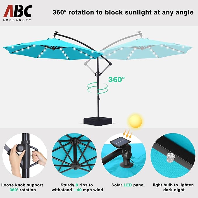ABCCANOPY 10FT LED Patio Umbrellas Cantilever Umbrella with base, 360° Rotation Outdoor Lighted Offset Umbrella Bonus Fix Frame & Weights Bag for Backyard, Deck, Poolside (Turquoise)