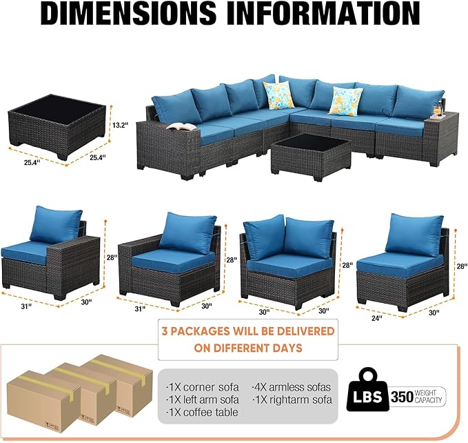 8 Pieces Patio Furniture Set,Wicker PE Rattan Outdoor Sectional with Cushion & Coffee Table, Patio Conversation Sofa for Garden, Backyard, Poolside, Peacock Blue