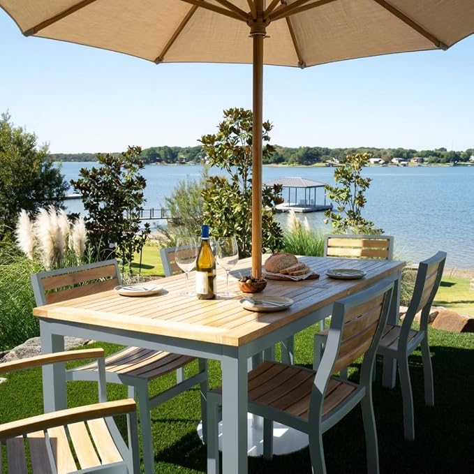 Hives & Honey Catalina Rectangular Outdoor Dining Table, Grade-A Teak Wood Patio Table with Aluminum Legs & Umbrella Hole, Seats 4–6, Grey