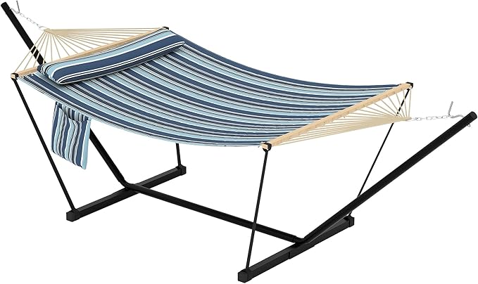 Double Hammock with Stand - Heavy Duty Portable 2 Person Design with Adjustable Steel Stand, Max 450LBS, Ideal for Outdoor Patio, Garden, Beach & Backyard